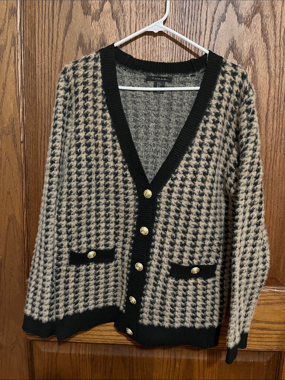 Tahari Black and Beige Houndstooth Gold-Button Cardigan
